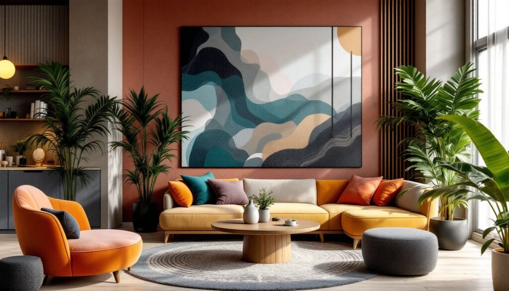 sala de estar con sofas en tonos naranjas y cuadro moderno