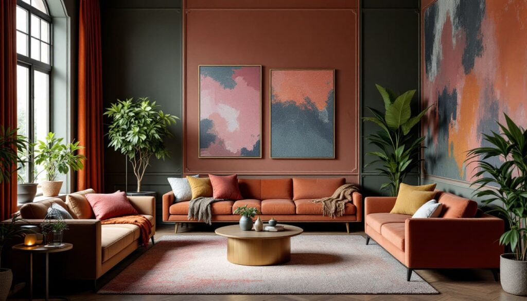 sala de estar con sofas modernos y pared en tono terracota