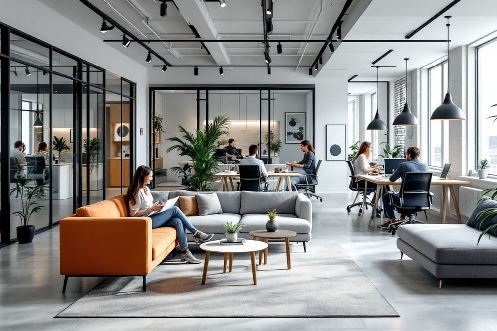 oficina abierta con sillones modernos y cristaleras al exterior