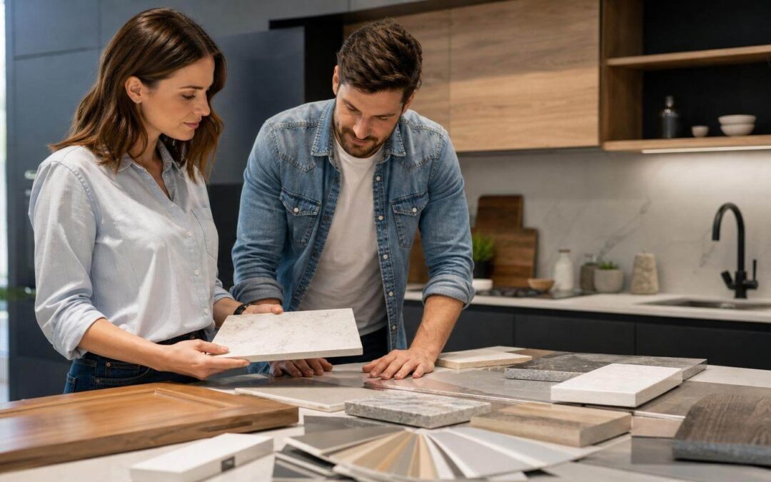 pareja eligiendo materiales para cocina