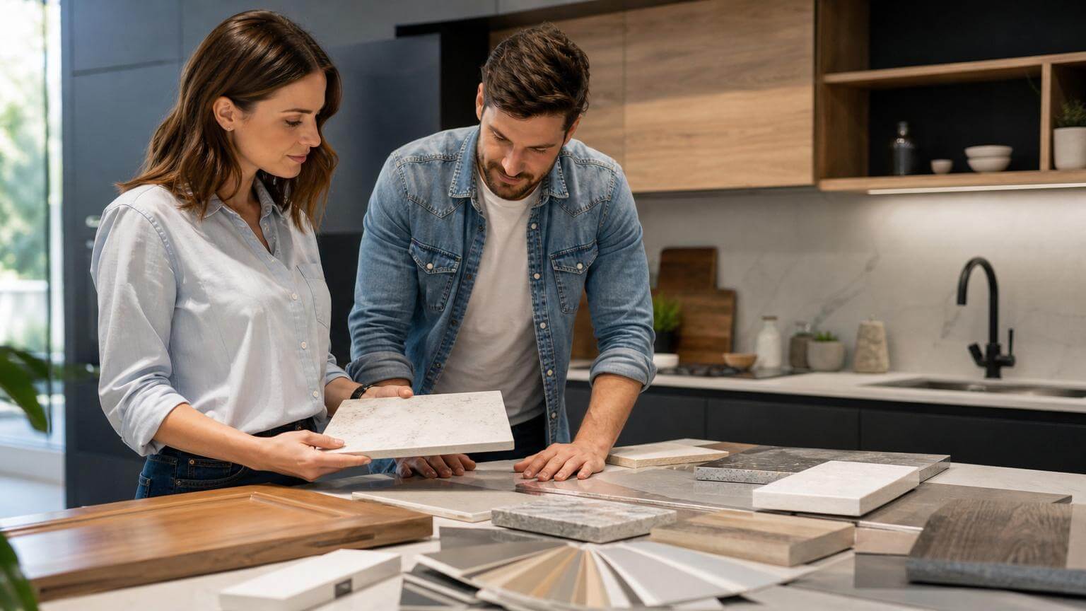 pareja eligiendo materiales para cocina