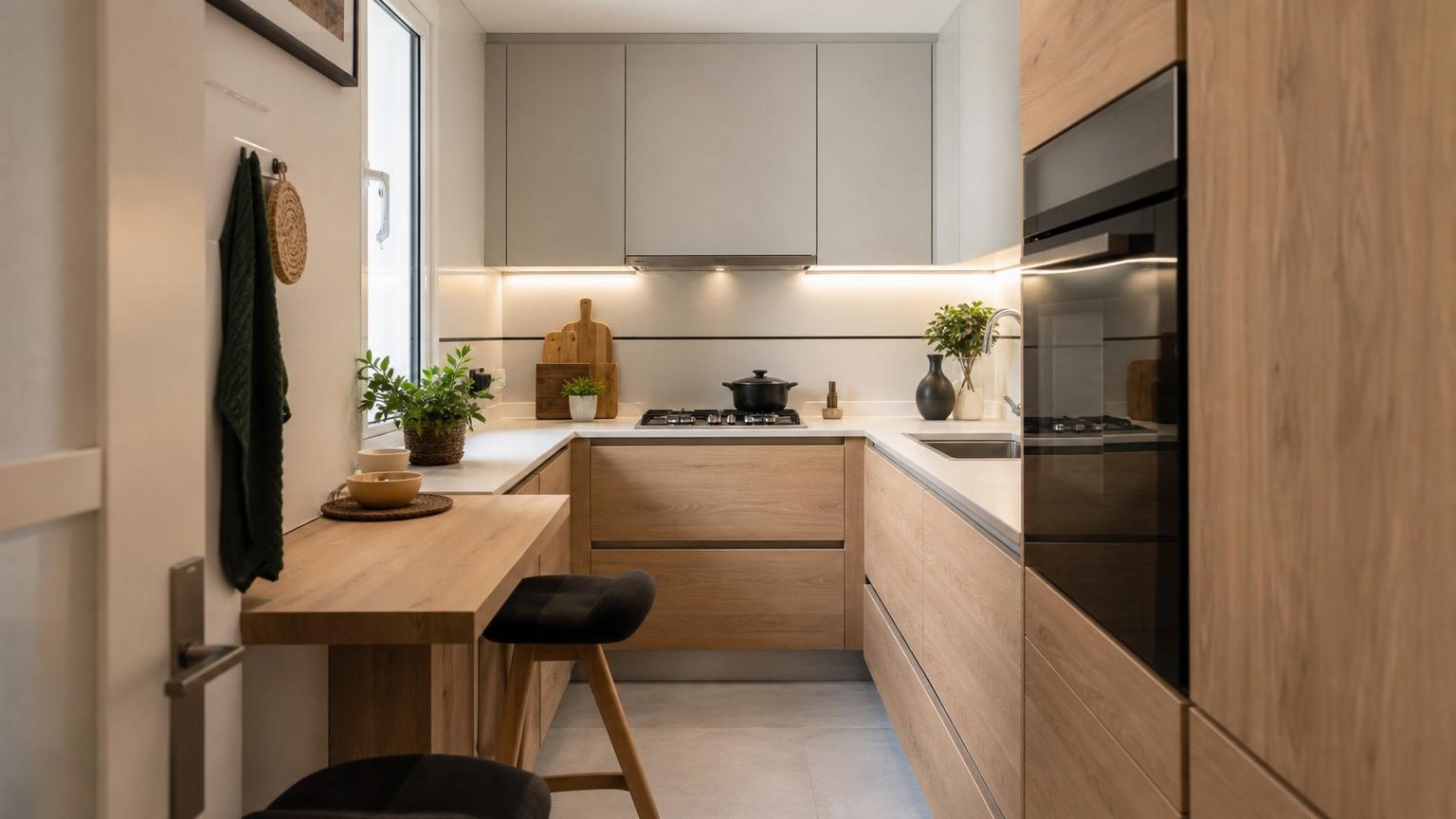 Small U-shaped kitchen with light wood cabinets, grey upper units, under-cabinet lighting, and a narrow breakfast bar with black stools.