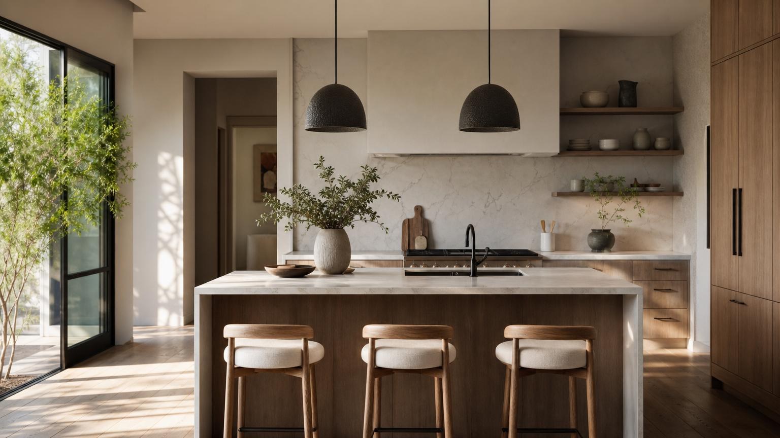 Modern kitchen with a marble island, wooden stools, black pendant lights, and natural wood cabinetry under soft sunlight.