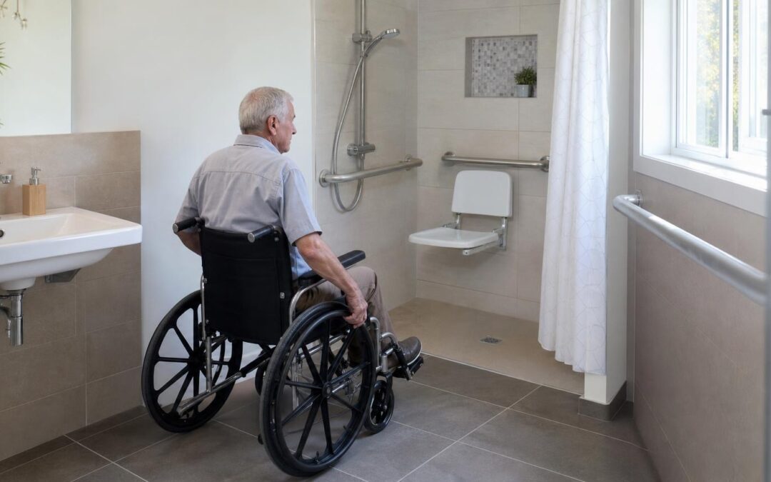 Senior man in a wheelchair facing an accessible walk-in shower with grab bars and a wall-mounted folding seat in a modern beige bathroom.