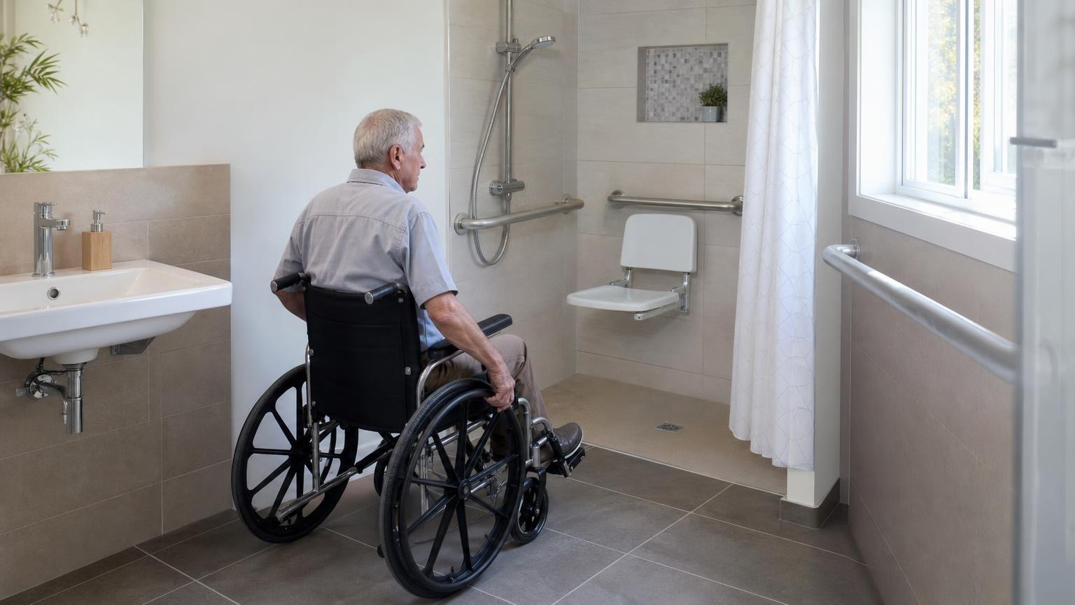 Senior man in a wheelchair facing an accessible walk-in shower with grab bars and a wall-mounted folding seat in a modern beige bathroom.